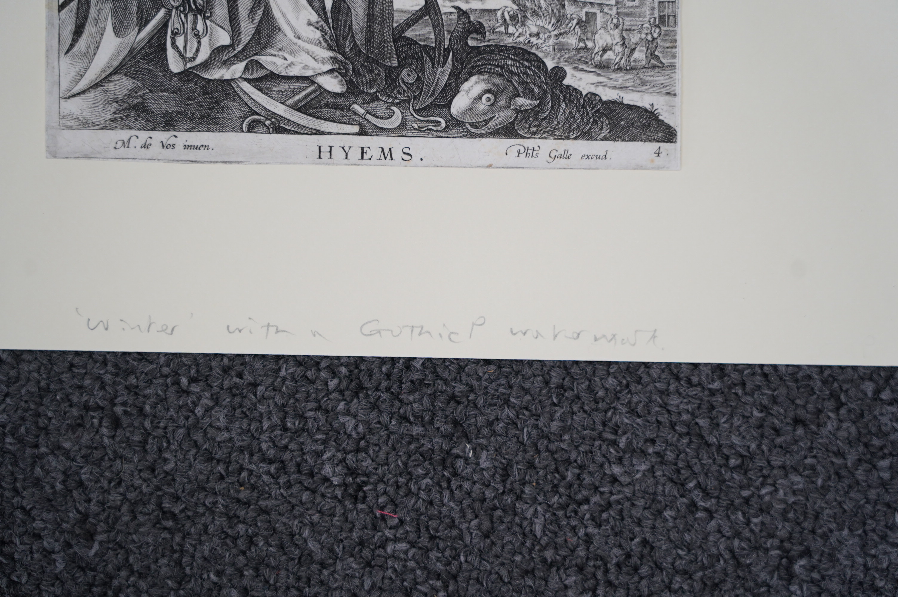 Maerten de Vos (Dutch, 1532-1603), The Four Seasons set of four engravings c.1590 Hollstein 1424 – 1427 1/iii, with Philip Galle’s address (1st or 2nd edition), Hyems (Winter) with Gothic P watermark, 9.6 x 13.2cm. Condi